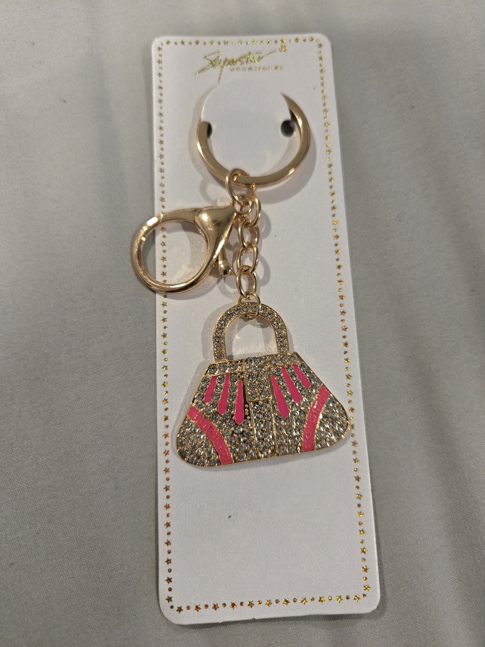 Bag Charm Gold and Pink Crystal Handbag Keychain